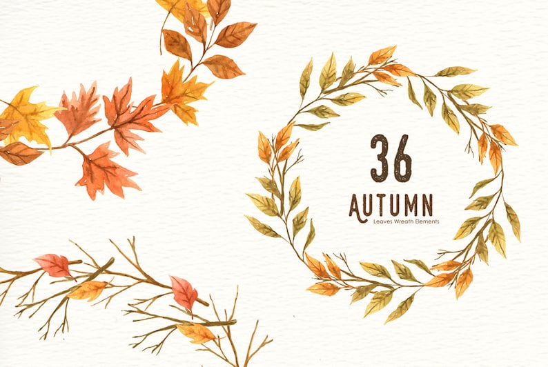 Autumn Leaf Watercolor Clipart, Wreath, Mushroom, Commercial Use, DIY, Hand Painted, Watercolour, Thanksgiving, Fall Leaves, Fall Foliage image 4