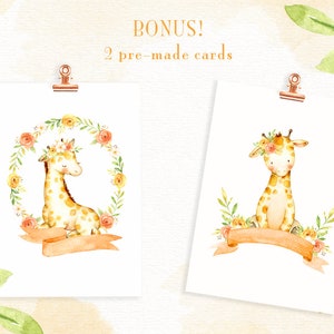 Peut inclure: Deux illustrations &agrave; l'aquarelle d'une girafe portant une couronne de fleurs. La girafe est assise et entour&eacute;e de fleurs et de verdure. Les illustrations sont sur des cartes blanches avec un clip brun en haut. Le texte "BONUS! 2 cartes pr&eacute;-faites" est en haut de l'image.