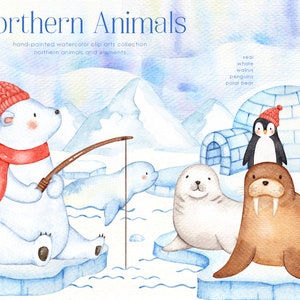 Nordtiere Aquarell Clip Art, Urlaub Winter Set, Polartiere, Waldtiere, Kinderzimmer Dekor, Neujahr, Grußkarte, Weihnachten