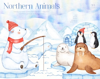 Northern Animals Watercolor Clip Art, Holiday Winter Set, Polar Animals, Woodland Animals, Nursery Decor, New Year, Greeting card, Christmas