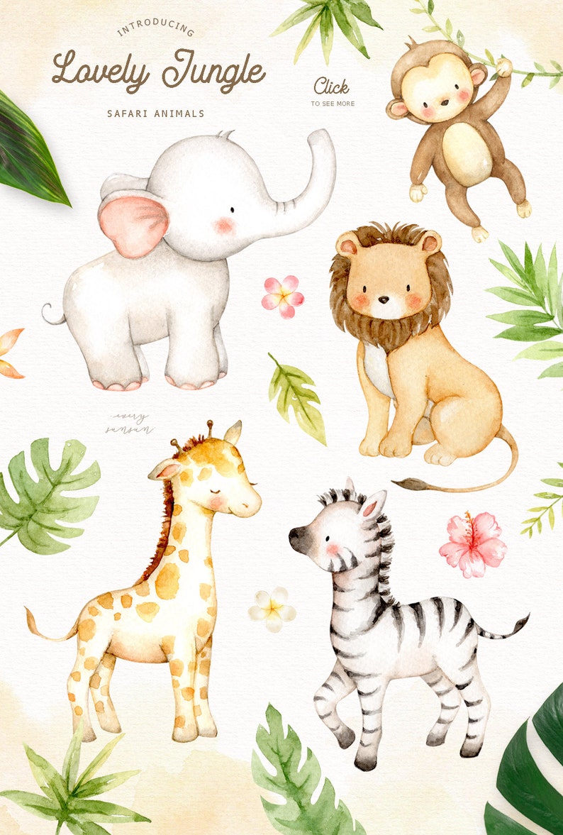 Lovely Jungle Watercolor Clip Art, Safari Animal, Woodland Animals, Kids Clipart, Boho Clipart, Nursery Decor, Nursery Clipart, Tropical image 2