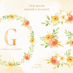 Peut inclure: Illustration aquarelle d'une couronne florale avec la lettre G au centre et le texte "Lovely Giraffe". La couronne est compos&eacute;e de fleurs jaunes, orange et blanches avec des feuilles vertes. Il y a &eacute;galement quatre bouquets de fleurs s&eacute;par&eacute;s dans les m&ecirc;mes tons.