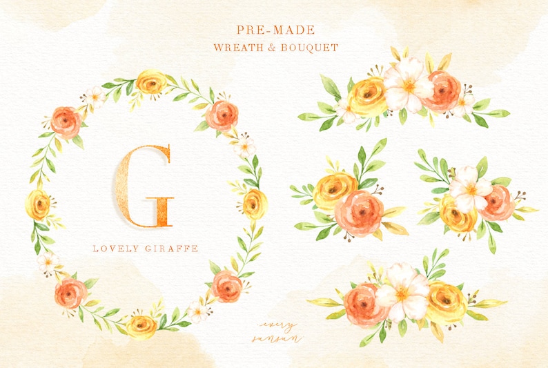 Peut inclure: Illustration aquarelle d'une couronne florale avec la lettre G au centre et le texte "Lovely Giraffe". La couronne est compos&eacute;e de fleurs jaunes, orange et blanches avec des feuilles vertes. Il y a &eacute;galement quatre bouquets de fleurs s&eacute;par&eacute;s dans les m&ecirc;mes tons.