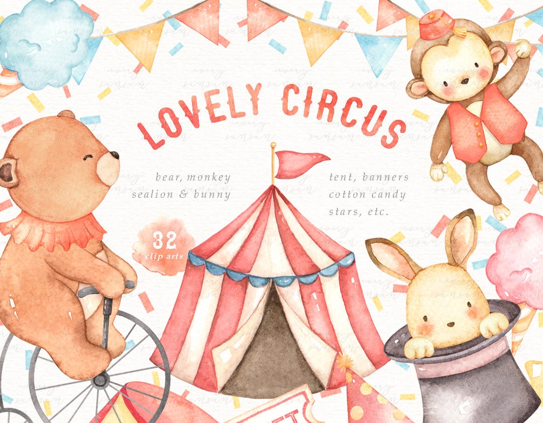 Lovely Circus Watercolor Clip Arts, Nursery Prints, Animals Nursery Art ...
