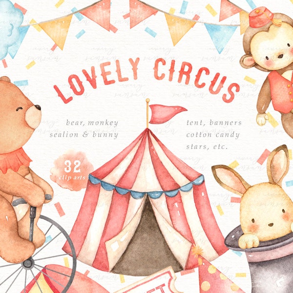 Lovely Circus Aquarell Clip Arts, Gravures de pépinière, Animaux Nursery Art, Nursery Printables, Téléchargement instantané, Woodland Animals, Kids Art