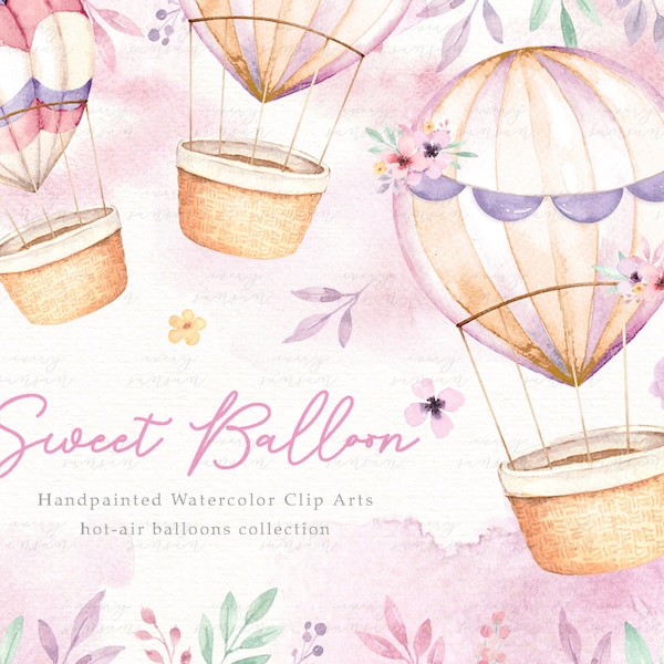 Sweet Balloon Watercolor Clip Arts, Hot-air Balloon, Girl Clipart, Kids Clipart, Nursery Decor, Watercolor Flowers, Nursery Art, Pink Flower