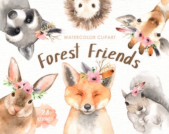 Forest Friends Watercolor Clip Art,Woodland Animals, Kids Clipart,Boho Clipart, Nursery Decor, Animal with flower crown, deer rabbit giraffe