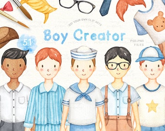 Boy Creator Watercolor Clip Arts, Boy Clipart, Kids Clipart, Nursery Decor, Boy Room, Nursery Art, Character Creator, Portrait Creator