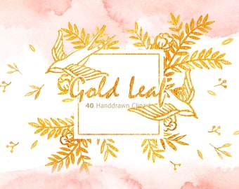 Gold Leaf Watercolor clipart,watercolor flower,peony,acrylic flower, Leaf clipart, Wedding Clipart, wedding invitation, wreath, gold clipart