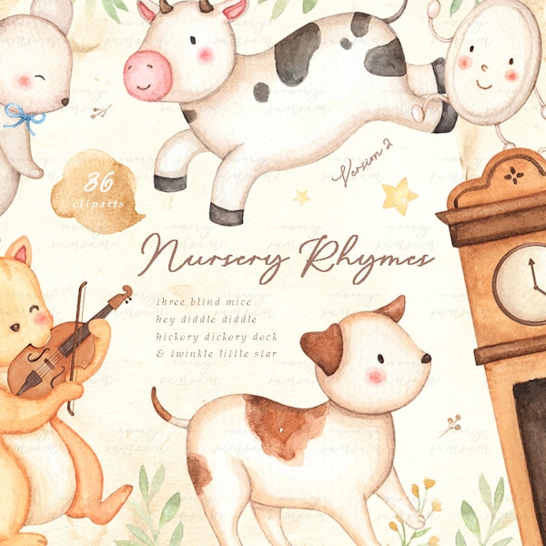 Nursery Rhymes V.2 Watercolor Set, Cute Animals, Children Book, Kids Clipart, Nursery Decor, Watercolor Animals, Farm, Baby, Bedtime Story