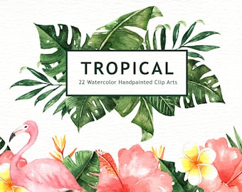 Tropical Leaves Watercolor Clipart, watercolor flower, Watercolor Leaf, Leaf clipart, Wedding Clip Art, Wedding Invitation, Tropical Clipart