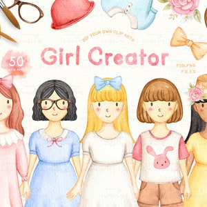 Girl Creator Watercolor Clip Arts, Girl Clipart, Kids Clipart, Nursery Decor, Girl Room, Nursery Art, Character Creator, Portrait Creator