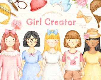 Girl Creator Watercolor Clip Arts, Girl Clipart, Kids Clipart, Nursery Decor, Girl Room, Nursery Art, Character Creator, Portrait Creator