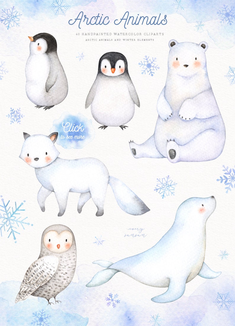 Arctic Animals Watercolor Clip Arts, Holiday Winter Set, Polar Animals, Woodland Animals, Nursery Decor, New Year, Greeting card, Christmas image 2