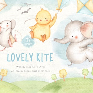 Lovely Kite Watercolor Clip Arts, Nursery Animals, Elephant, Mouse, Sky, Woodland Animals, Kids Clipart, Nursery Decor, Kids Art,Nursery Art