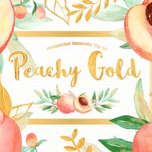 Peachy Gold Flower Clipart, Watercolor Peaches, Leaves, Gold Confetti, Watercolor Wreath, Wedding invitations, Floral Wreath, Bridal Shower