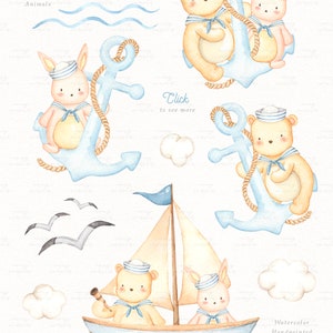 Let's Sail Away Watercolor Clip Arts, Bear, Sailor, Nautical, Woodland Animals, Kids Clipart, Nursery Decor, Boy Room, Kids Art, Nursery Art image 2