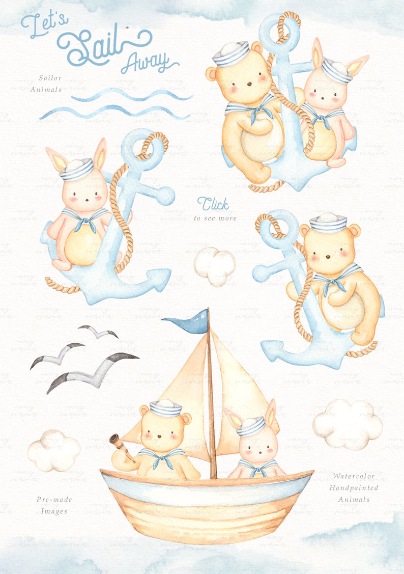 Let's Sail Away Watercolor Clip Arts, Bear, Sailor, Nautical, Woodland Animals, Kids Clipart, Nursery Decor, Boy Room, Kids Art, Nursery Art image 2