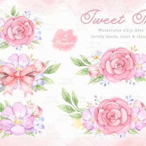 Sweet Sky Watercolor Clip Arts, Stars, Moon, Baby Girl Clipart, Kids Clipart, Nursery Decor, Girl Room, Nursery Art, Watercolor Flowers Pink image 4