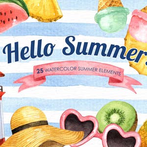 Puede incluir: Ilustración en acuarela con temática de verano. Presenta un faro, sandía, piña, conos de helado, kiwi, gafas de sol y un sombrero de paja. El texto "Hello Summer!" se muestra sobre una pancarta que dice "25 Watercolor Summer Elements".