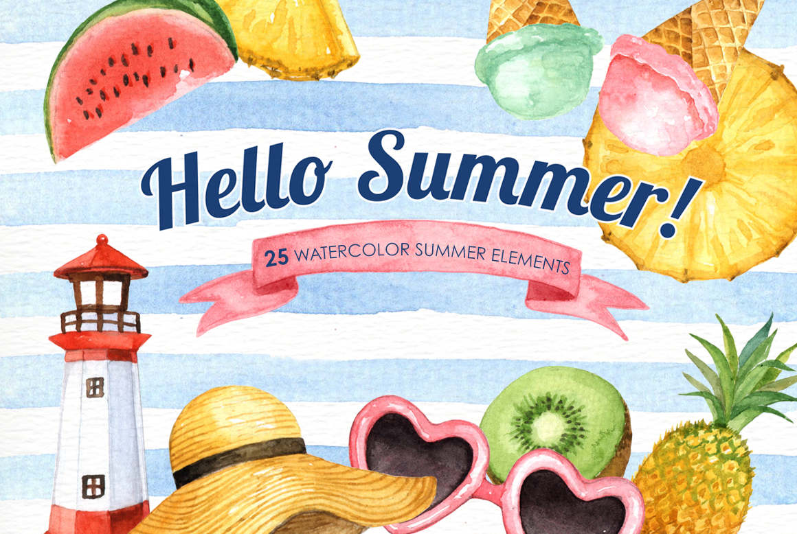 Hello Summer Watercolor clipart Tropical Clip Art Summer | Etsy