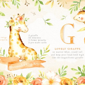 Peut inclure: Ensemble d'images clipart aquarelle avec une girafe portant une couronne de fleurs, une grande lettre G et le texte "Lovely Giraffe, no matter what, stand tall and keep your head held high like the magnificent giraffe".