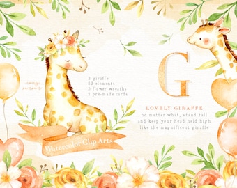 Lovely Giraffe Watercolor Clip Art, Giraffe Clipart, Watercolor Flower, Woodland Animals, Kids Clipart, Nursery Decor, Kids Art, Nursery Art