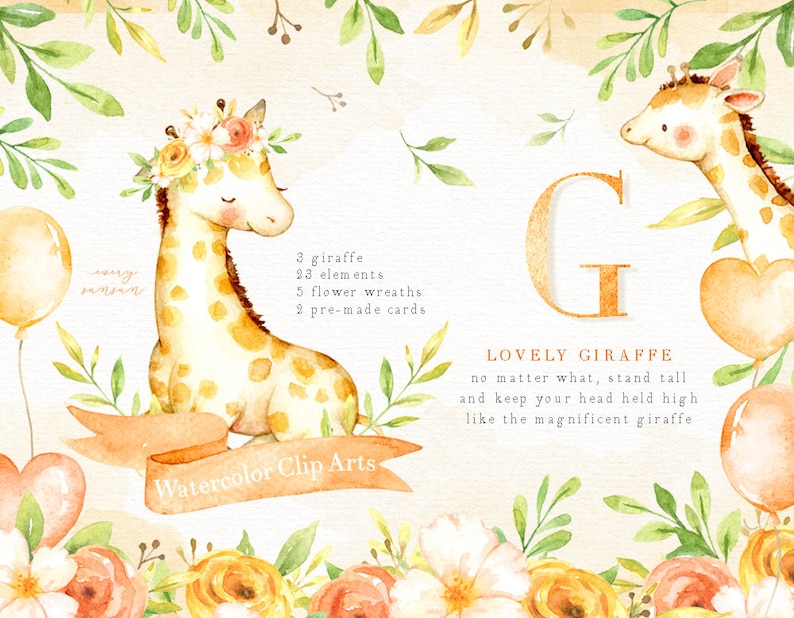 Peut inclure: Ensemble d'images clipart aquarelle avec une girafe portant une couronne de fleurs, une grande lettre G et le texte "Lovely Giraffe, no matter what, stand tall and keep your head held high like the magnificent giraffe".