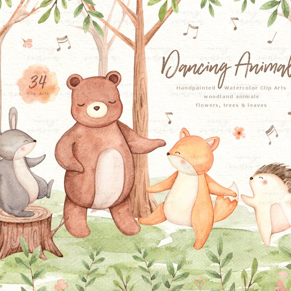 Dancing Animals Watercolor Clip Arts, Woodland Animals, Kids Clipart, Boho Clipart, Nursery Decor, Forest Friends, Bear Fox Squirrel, Tribe