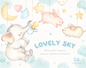 Lovely Sky Watercolor Clip Art, Nursery mobile, Elephant, Moon, Woodland Animals, Kids Clipart, Nursery Decor, Star, Kids Art, Nursery Art