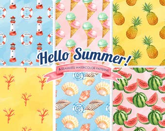 Hello Summer Seamless Patterns, Watercolor Patterns, Tropical Clip Art, Summer Clipart, Beach, Nautical,Shell, Pineapple, digital paper pack