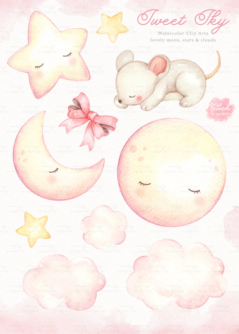 Sweet Sky Watercolor Clip Arts, Stars, Moon, Baby Girl Clipart, Kids Clipart, Nursery Decor, Girl Room, Nursery Art, Watercolor Flowers Pink image 2