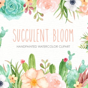 Succulent Bloom Watercolor Cliparts, Cactus, Flower Clipart, Botanical Plant, Tropical Clipart, Floral Pack, Succulent Wedding Invitation
