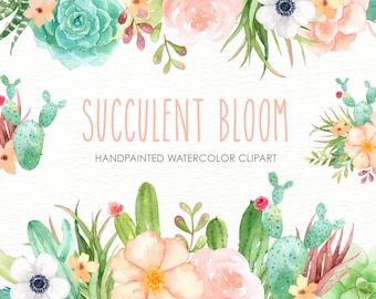 Succulent Bloom Aquarelle Cliparts, Cactus, Clipart de fleurs, Plante botanique, Clipart tropical, Pack floral, Invitation de mariage succulente