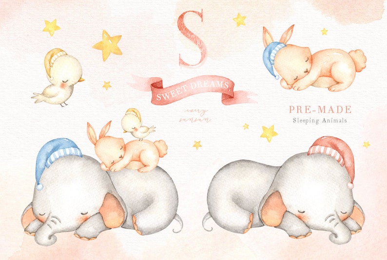 Sweet Dreams Watercolor Clip Art, Elephant, Bunny, Bird, Moon, Woodland Animals, Kids Clipart, Nursery Decor, Star, Kids Art, Nursery Art image 3