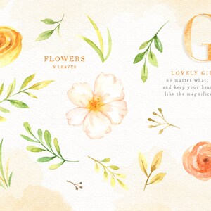 Peut inclure: Illustration aquarelle de fleurs et de feuilles dans des tons de jaune, orange et vert. L'illustration comprend la lettre G et le texte "LOVELY GIRAFFE no matter what, stand tall and keep your head held high like the magnificent giraffe".