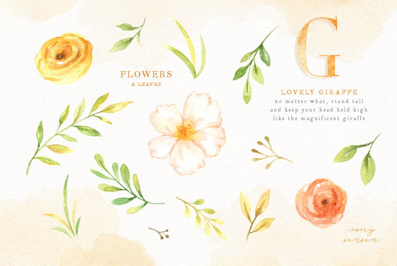 Peut inclure: Illustration aquarelle de fleurs et de feuilles dans des tons de jaune, orange et vert. L'illustration comprend la lettre G et le texte "LOVELY GIRAFFE no matter what, stand tall and keep your head held high like the magnificent giraffe".