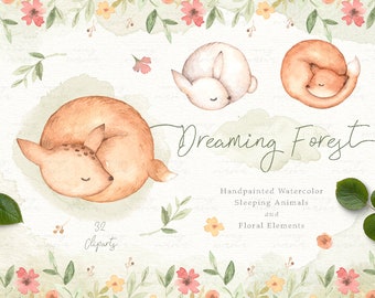 Dreaming Forest Watercolor Clip Art, Woodland Animals, Floral Clipart, Kids Clipart, Nursery Decor, Sleeping Animals, Deer Rabbit Fox, Leaf
