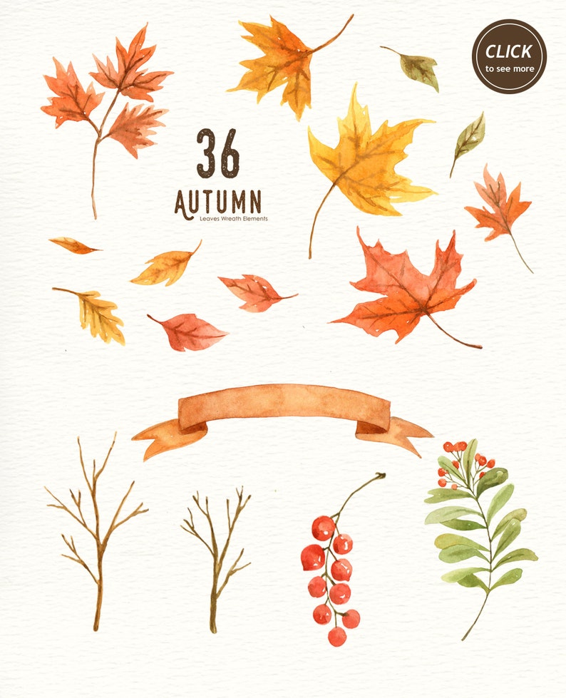 Autumn Leaf Watercolor Clipart, Wreath, Mushroom, Commercial Use, DIY, Hand Painted, Watercolour, Thanksgiving, Fall Leaves, Fall Foliage image 3