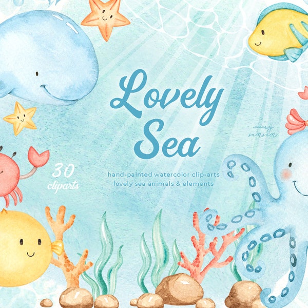 Set di acquerelli per animali marini incantevoli, stampe per bambini, clipart nautico, arte per l'infanzia, stampabili per l'infanzia, creature marine, sotto il mare, arte per bambini