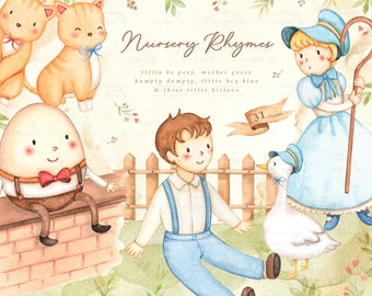 Nursery Rhymes V.1 Watercolor Set, Humpty Dumpty, Children Book, Kids Clipart, Nursery Decor, Watercolor Animals, Farm, Baby, Bedtime Story