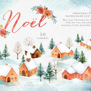 Noel Christmas Town Watercolor Clipart, Holiday Winter Set, Christmas Card, Santa Claus, New Year clipart, Decorations, Greeting card, X'Mas