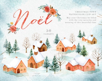 Noel Christmas Town Watercolor Clipart, Holiday Winter Set, Christmas Card, Santa Claus, New Year clipart, Decorations, Greeting card, X'Mas