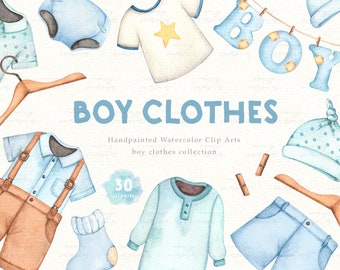 Boy Clothes Watercolor Clip Arts, Baby Boy, Baby Shower, Kids Clipart, Nursery Decor, Boy Room, Kids Art, Nursery Art, Onesies T-shirt Pants