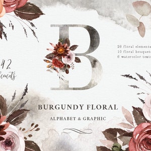 Burgundy Floral Watercolor clipart, Romantic wedding, rustic flower, watercolor bouquet, wedding invitation, peonies flowers, vintage flower