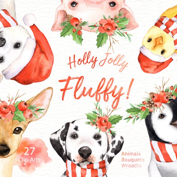 Holly Jolly Fluffy Watercolor Christmas Clipart, Holiday Winter Set, Christmas Card,Santa Claus, New Year clipart,decorations, Greeting card