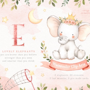 Elefantes encantadores rosa acuarela Clip Art, elefante clipart, luna, animales del bosque, niños Clipart, decoración de la guardería, estrella, arte de los niños, arte de la guardería