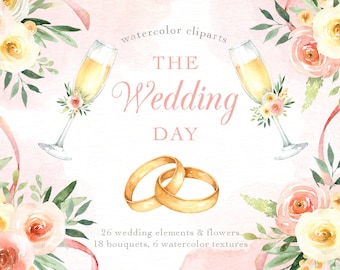 The Wedding Day Watercolor Clip Art, Wedding Clipart, Wedding Cake, Watercolor Flowers, Wedding Invitation, Wedding Ring, Floral Cliparts