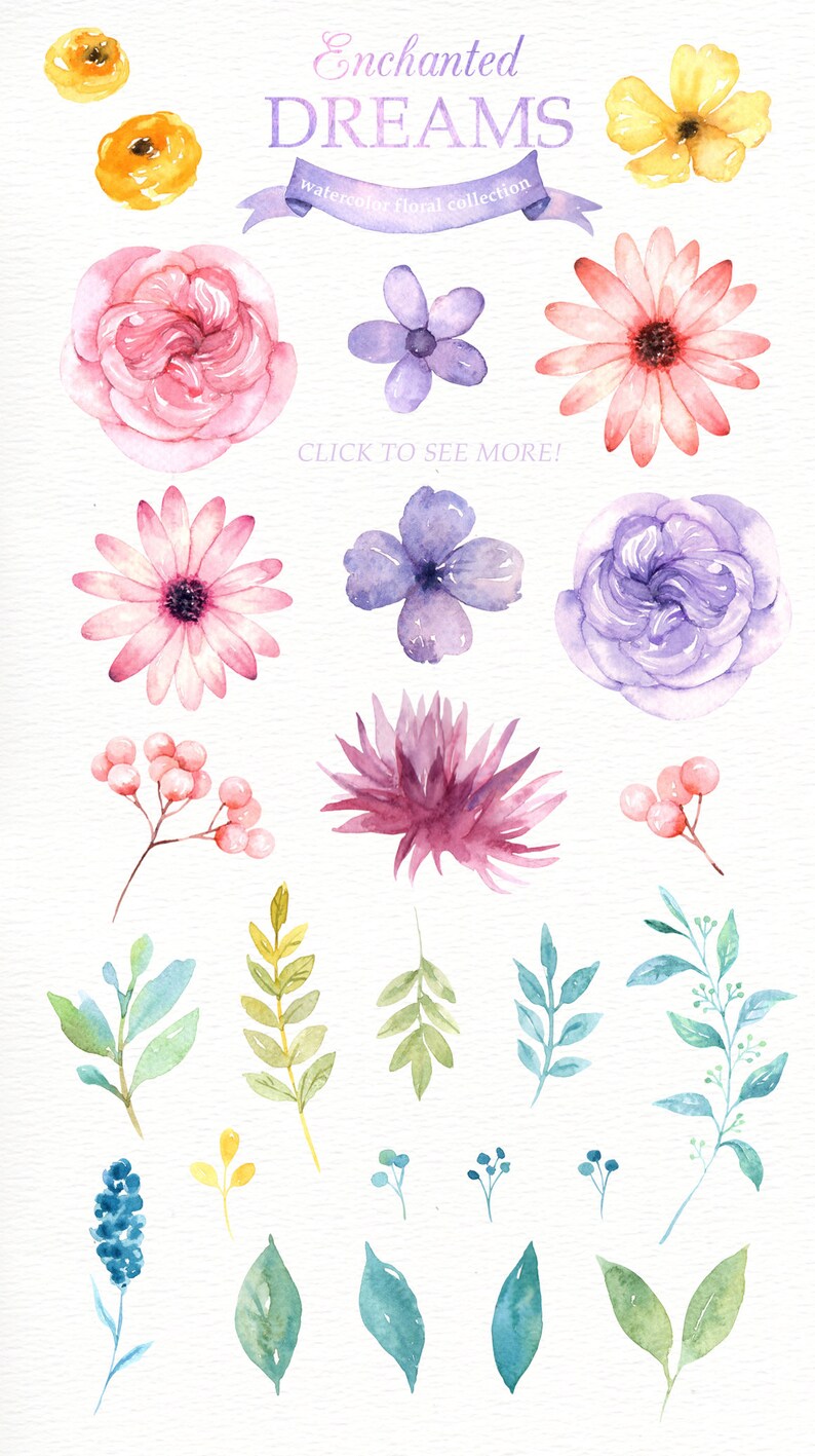 May include: Watercolor floral illustrations featuring a variety of flowers, leaves, and berries in pink, purple, blue, yellow, and green. The text "Enchanted DREAMS watercolor floral collection" is at the top of the image.