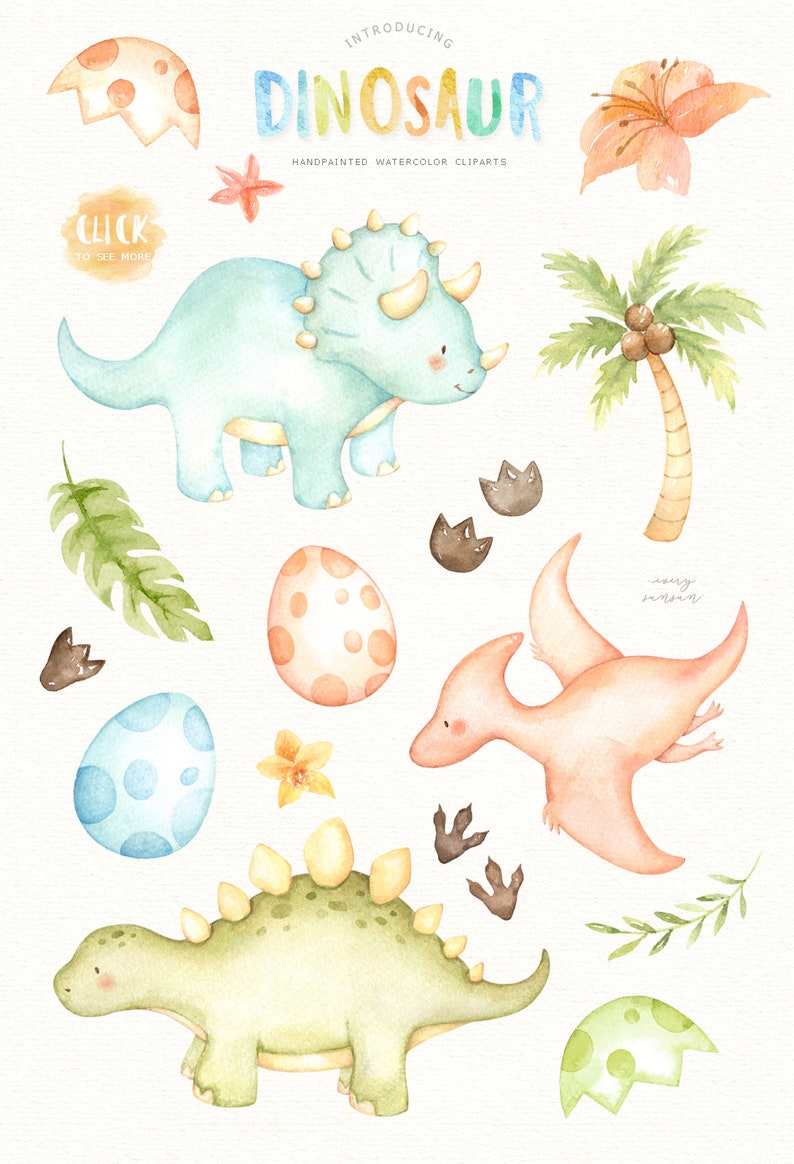 Dinosaur Watercolor Clip Art, T-rex, Safari Animal, Woodland Animals, Kids Clipart, Boho Clipart, Nursery Decor, Nursery Clipart, Tropical image 3